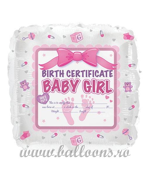 Balon folie Baby Girl Birth Certificate